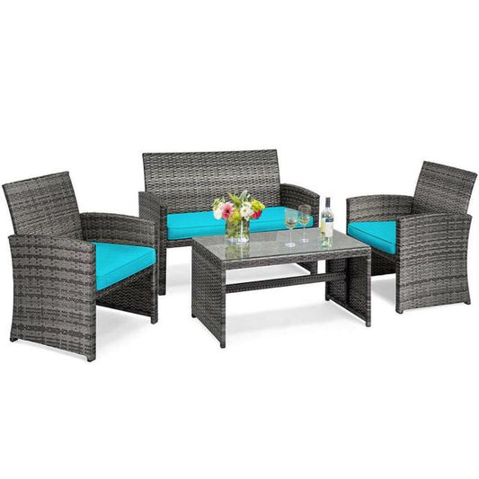 4PCS Patio Rattan Furniture Set Conversation Glass Table Top Cushioned Sofa HW63238