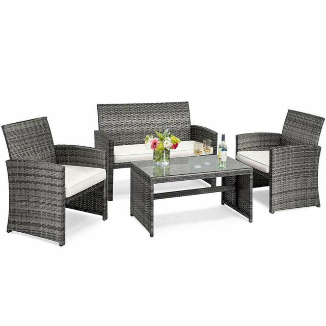 4PCS Patio Rattan Furniture Set Conversation Glass Table Top Cushioned Sofa HW63238