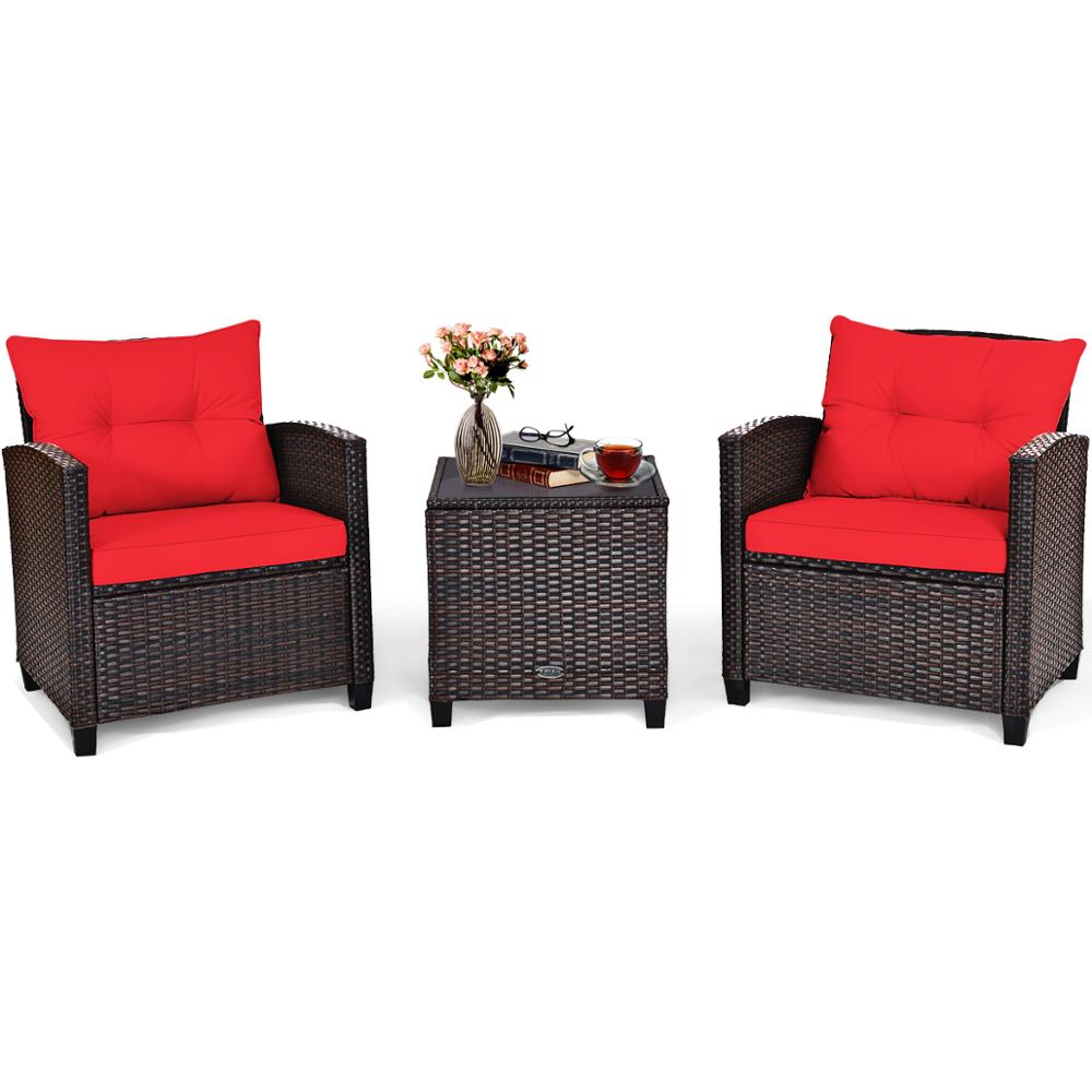 3PCS Patio Rattan Furniture Set Cushioned Conversation Set Sofa Coffee Table HW63759