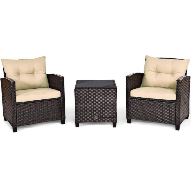 3PCS Patio Rattan Furniture Set Cushioned Conversation Set Sofa Coffee Table HW63759