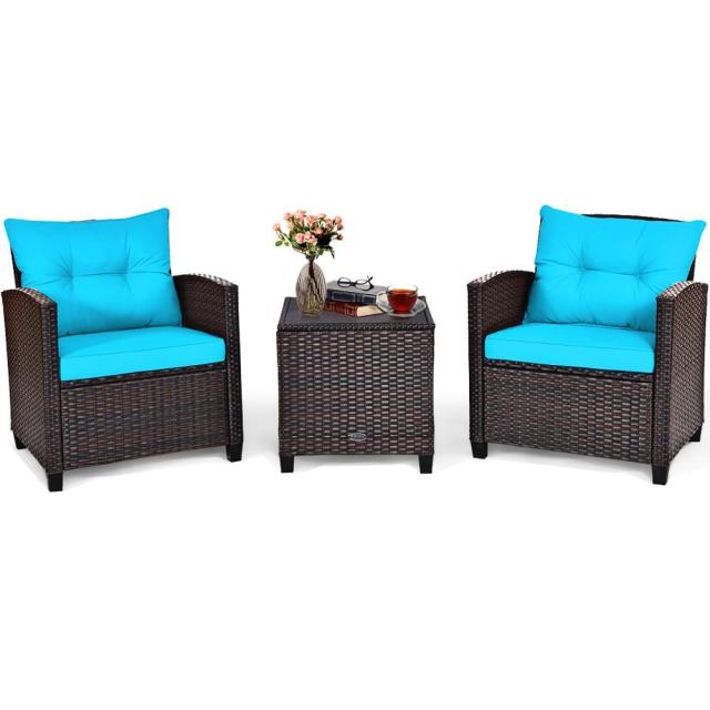 3PCS Patio Rattan Furniture Set Cushioned Conversation Set Sofa Coffee Table HW63759