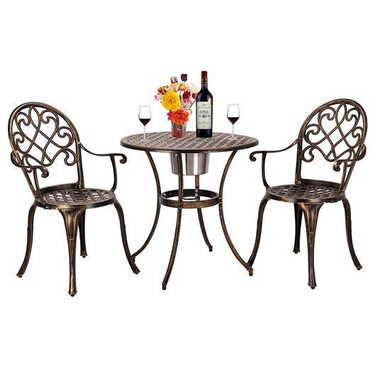 European Style Cast Aluminum Outdoor 3 Piece Patio Bistro Set of Table and Chairs with Ice Bucket Bronze