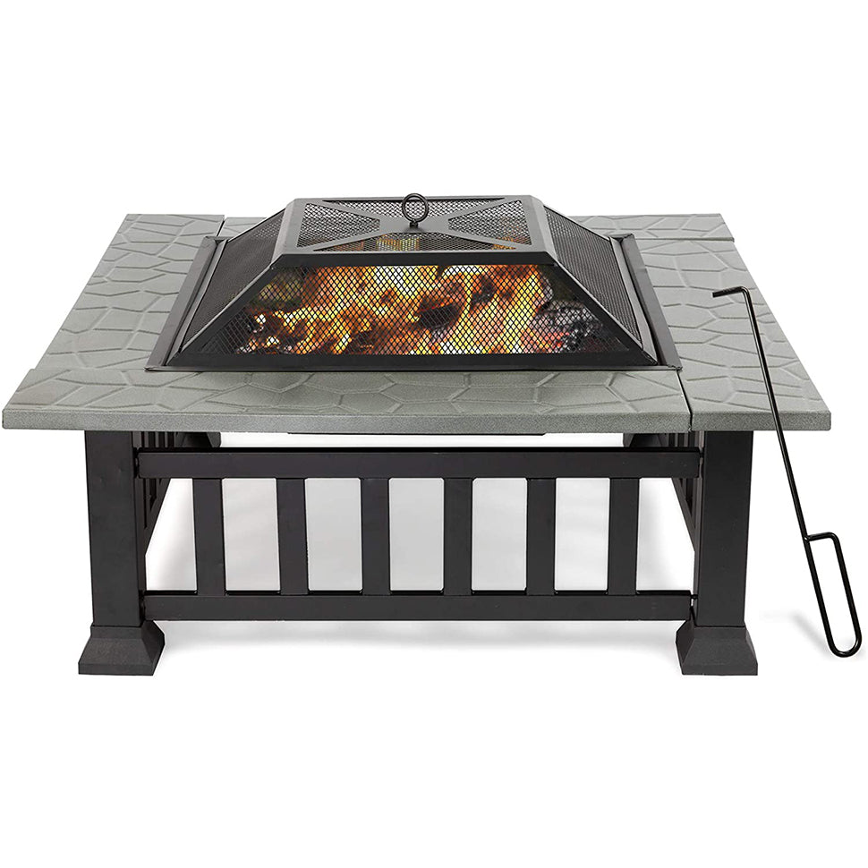 32” Outdoor Square Fire Pits, Patio 4 in 1 Fire Pits for Heating, Grilling and Cooling Drinks &amp; Food, w/Spark Screen Cover