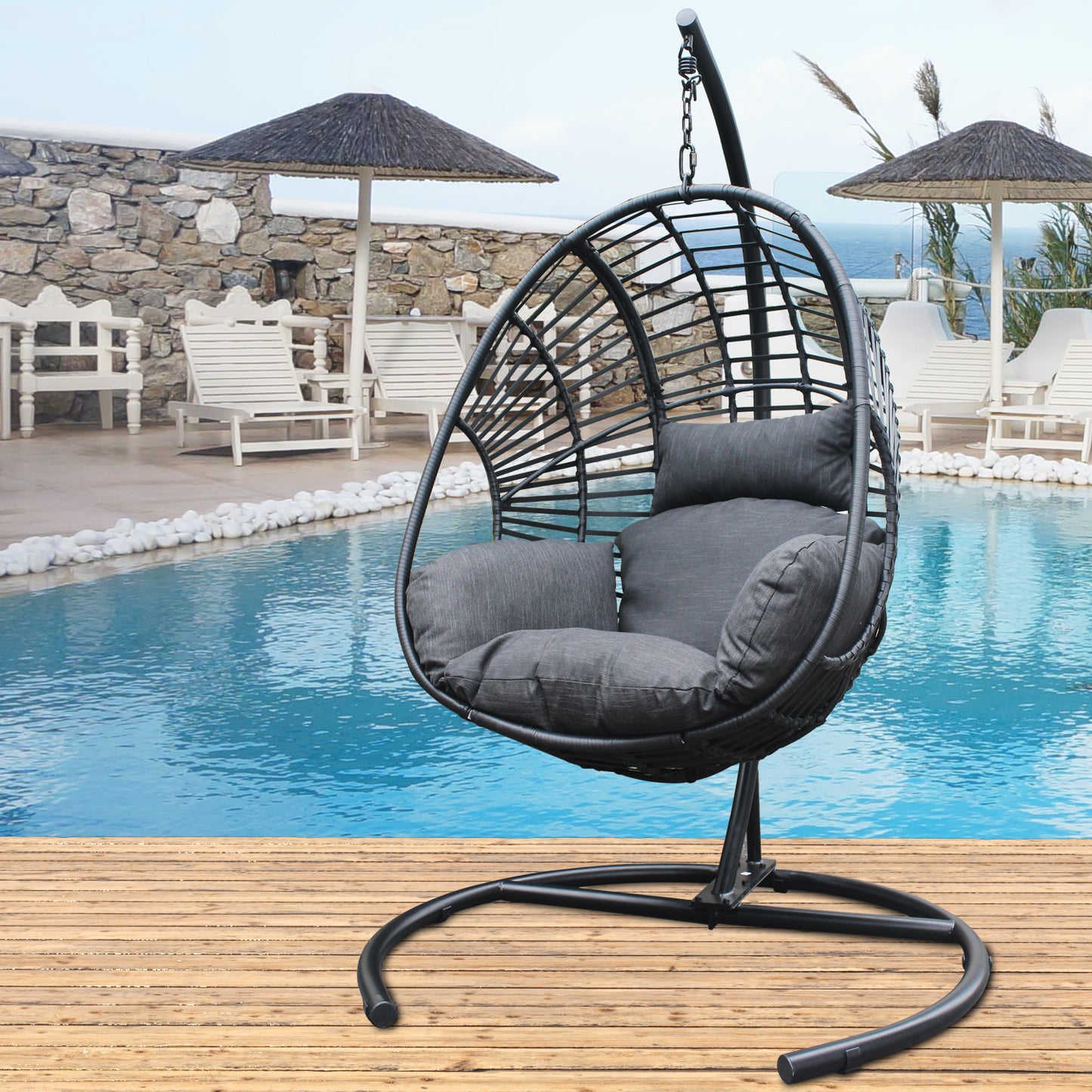 Black Hammock Wicker Sleeping Swing Beach Outdoor Indoor Patio Garden Yard Pool Egg Chair Bedroom Living Room Water Fade Proof