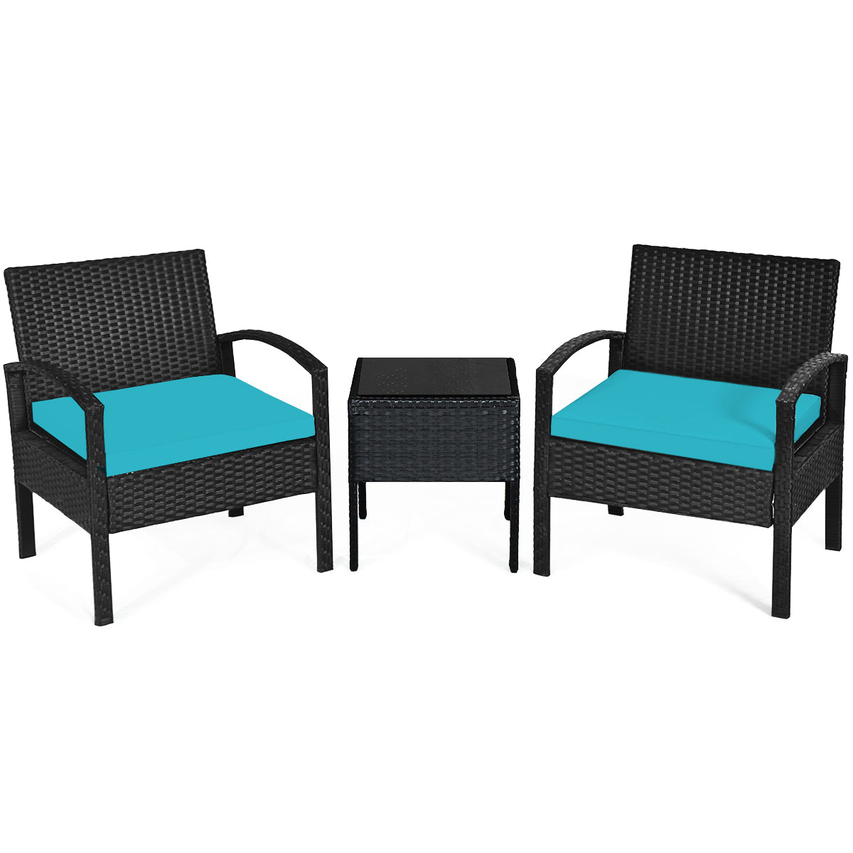 Patiojoy 3 PCS Outdoor Patio Rattan Furniture Set Conversation Sofa w/Cushion HW63218TU