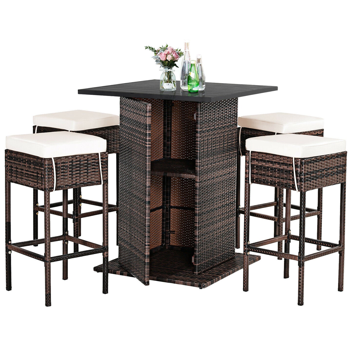 Patiojoy 5PCS Patio Rattan Bar Table Stool Set Hidden Storage Shelf Cushioned  HW68244+