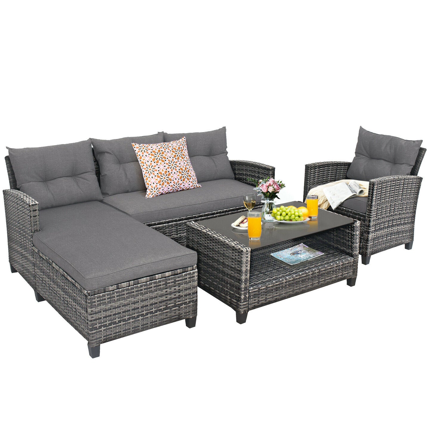 Patiojoy 4PCS Patio Rattan Furniture Set Cushioned Loveseat Table Shelf Gray  HW67569+