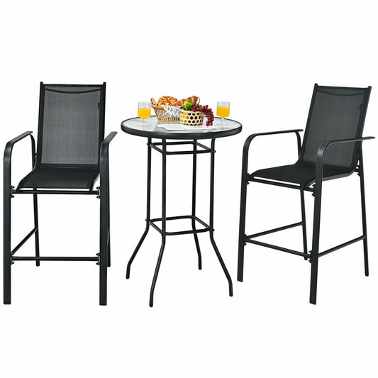 Patiojoy 3 PCS Outdoor Patio Bar Table Stool Set Height Tempered Glass Top  NP10026BK