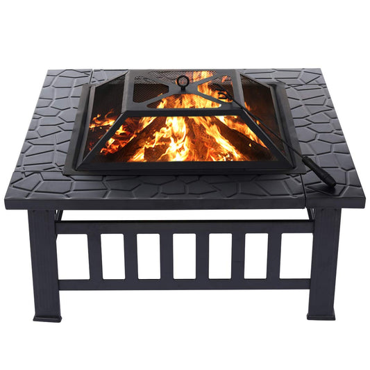 US32&quot; Fire Pit BBQ Square Table Backyard Patio Garden Stove Wood Burning Fireplace Fire Pit Wood Burning Steel BBQ Grill Firepit