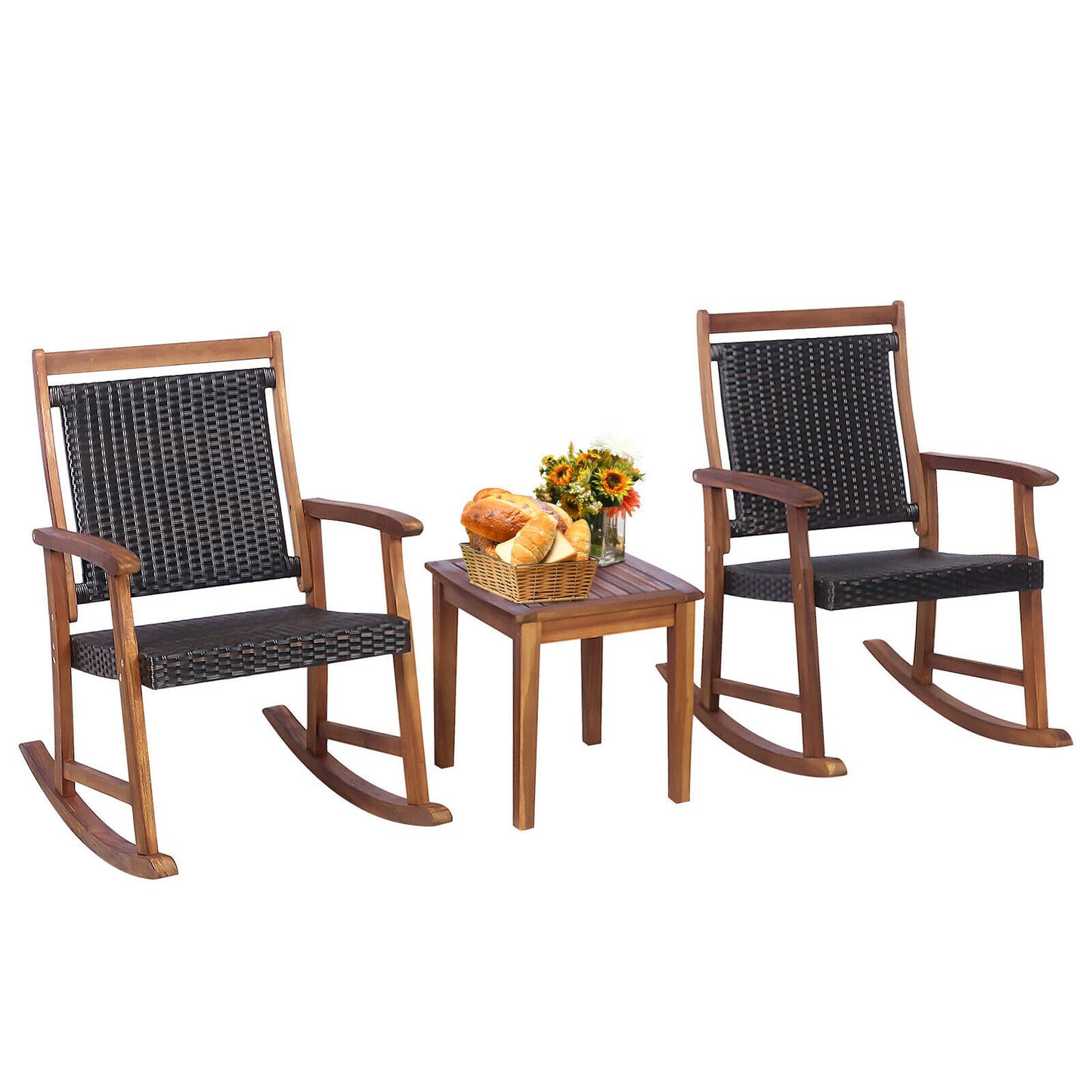 Patiojoy 3PCS Patio Rattan Rocking Chair Bistro Set Acacia Wood Frame Armrest  HW67676