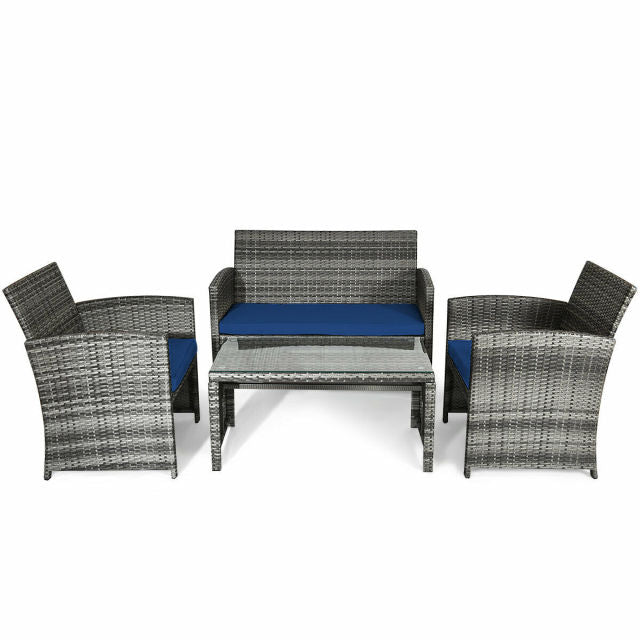 4PCS Patio Rattan Furniture Set Conversation Glass Table Top Cushioned Sofa HW63238