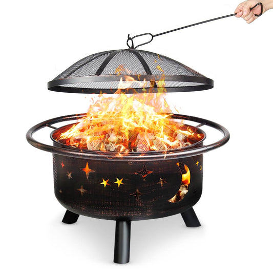 30Inch Iron Large Fire Pits Cast Iron Firepit BBQ Burn Pit Outdoor For Garden Patio Terrace Camping Stand Stove With Dust Cover