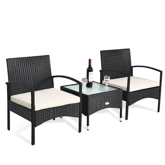 3 PCS Patio Wicker Rattan Furniture Set Coffee Table &amp; 2 Rattan Chair W/Cushion  HW68962