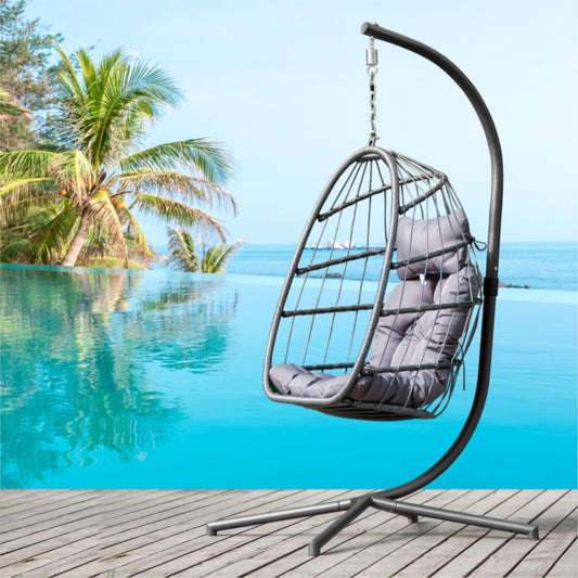 With X Type Bracket And Cushions Outdoor Patio Furniture Gray 78 In Wicker Swing Hammock Egg Chair Outdoor Backyard Or Indoor