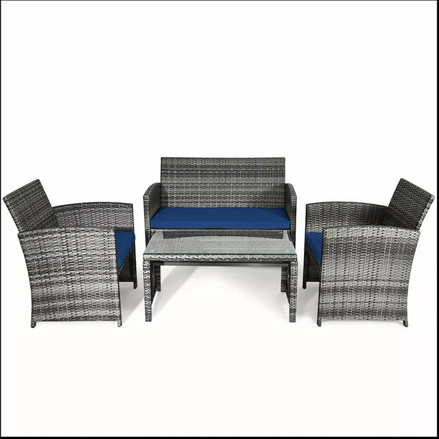 4PCS Patio Rattan Furniture Set Conversation Glass Table Top Cushioned Sofa