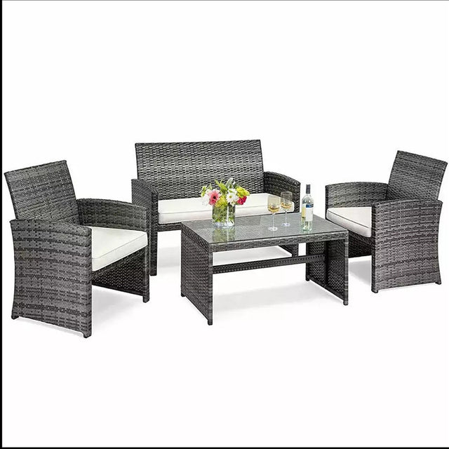 4PCS Patio Rattan Furniture Set Conversation Glass Table Top Cushioned Sofa